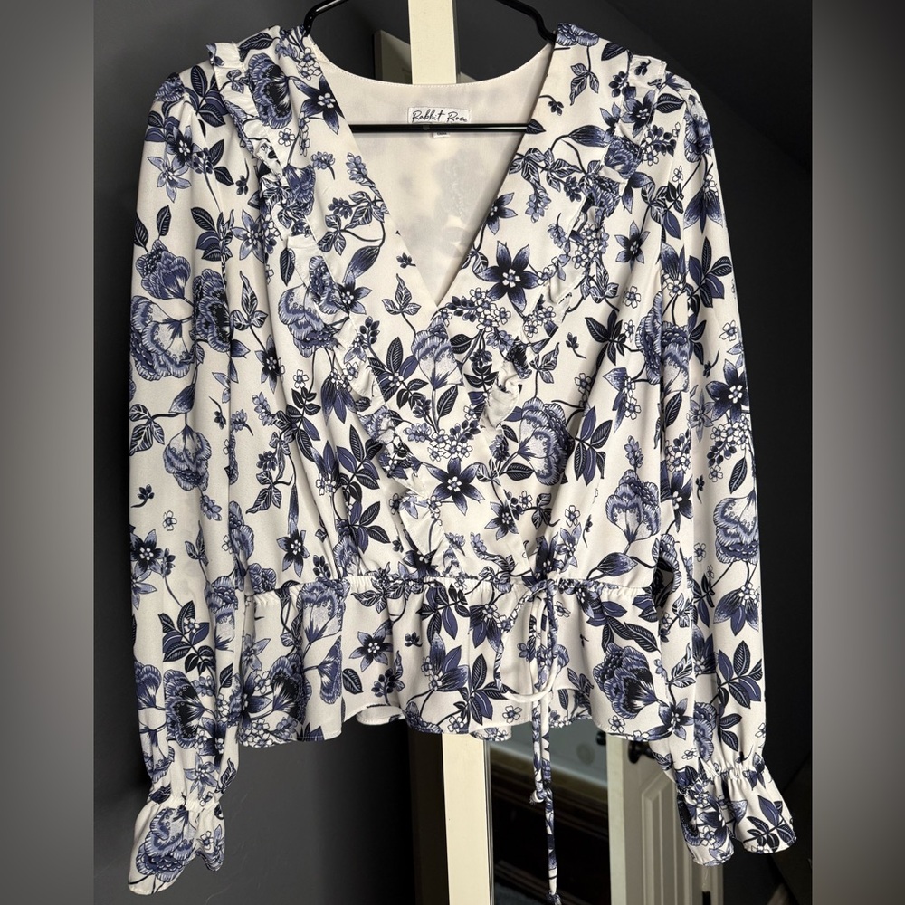 Navy and white floral long sleeve blouse. Size Medium.